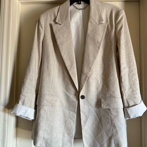 All Saints Blazer Womens Size 10 Beige Whitney Linen Blend Cuffed Sleeves